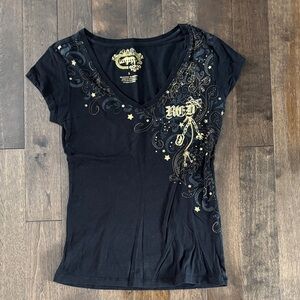 ECKO Black V-Neck Gold Embroidered Tshirt